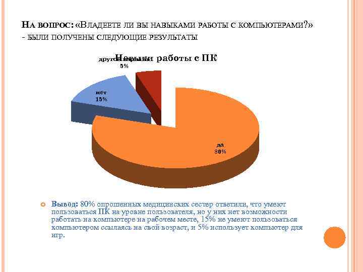 НА ВОПРОС: «ВЛАДЕЕТЕ ЛИ ВЫ НАВЫКАМИ РАБОТЫ С КОМПЬЮТЕРАМИ? » - БЫЛИ ПОЛУЧЕНЫ СЛЕДУЮЩИЕ