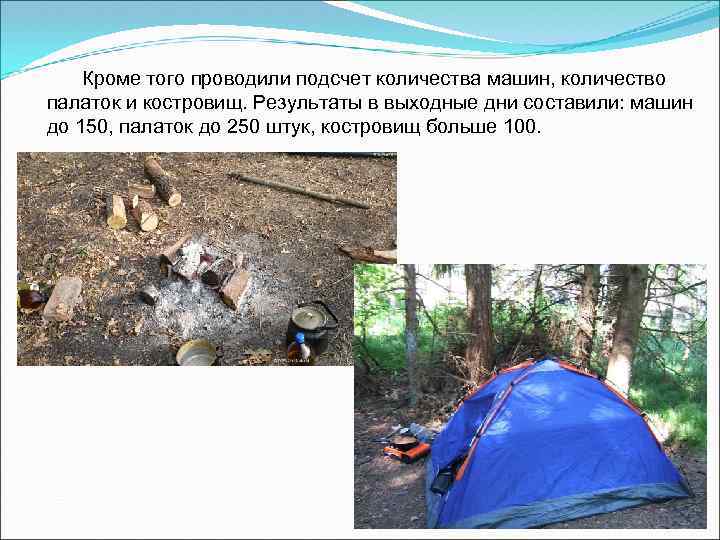 Кроме того проводили подсчет количества машин, количество палаток и костровищ. Результаты в выходные дни