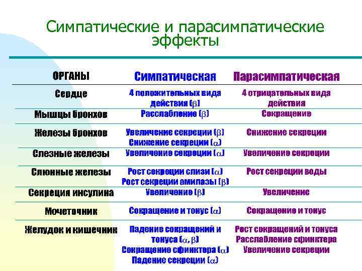 Симпатические и парасимпатические эффекты 