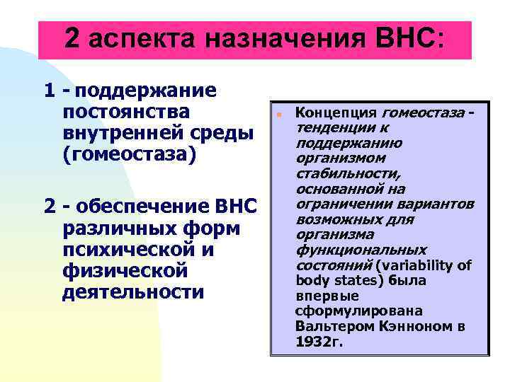 2 аспекта назначения ВНС: 1 - поддержание постоянства внутренней среды (гомеостаза) 2 - обеспечение