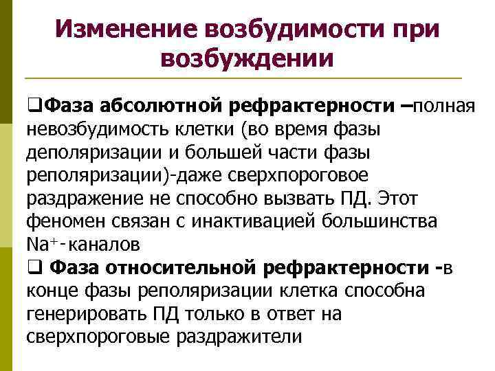 Изменение возбудимости при возбуждении q. Фаза абсолютной рефрактерности –полная невозбудимость клетки (во время фазы