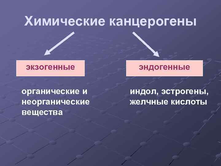 Химические канцерогены экзогенные органические и неорганические вещества эндогенные индол, эстрогены, желчные кислоты 