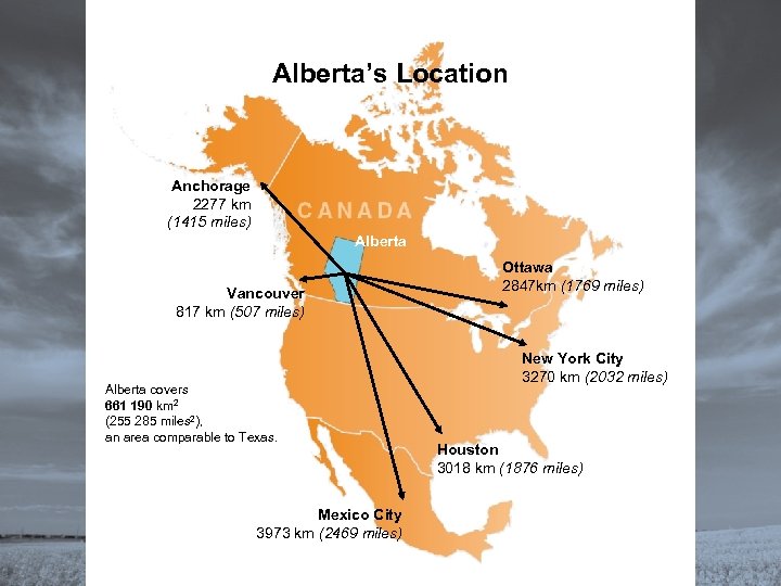 Alberta’s Location Anchorage 2277 km (1415 miles) Alberta Vancouver 817 km (507 miles) Alberta