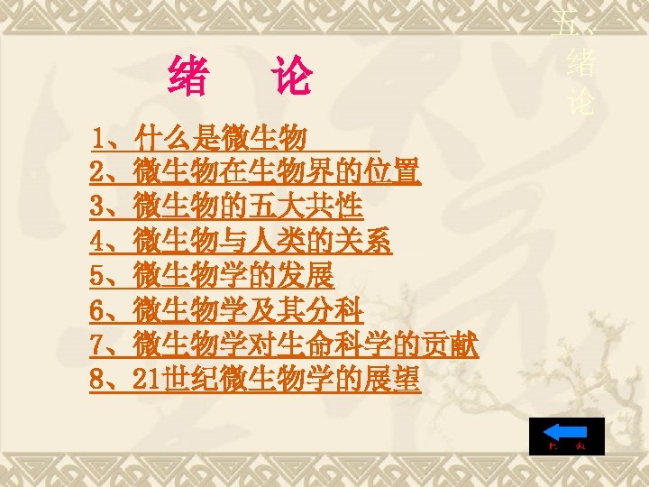 绪 论 1、什么是微生物 2、微生物在生物界的位置 3、微生物的五大共性 4、微生物与人类的关系 5、微生物学的发展 6、微生物学及其分科 7、微生物学对生命科学的贡献 8、21世纪微生物学的展望 五、 绪 论 