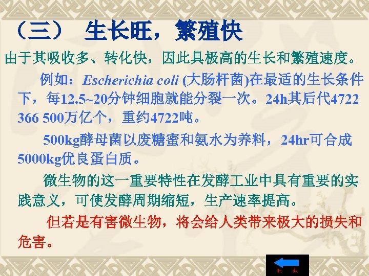 （三） 生长旺，繁殖快 由于其吸收多、转化快，因此具极高的生长和繁殖速度。 例如：Escherichia coli (大肠杆菌)在最适的生长条件 下，每 12. 5~20分钟细胞就能分裂一次。24 h其后代 4722 366 500万亿个，重约 4722吨。