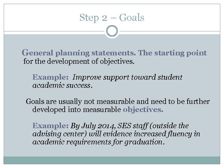 Step 2 – Goals General planning statements. The starting point for the development of