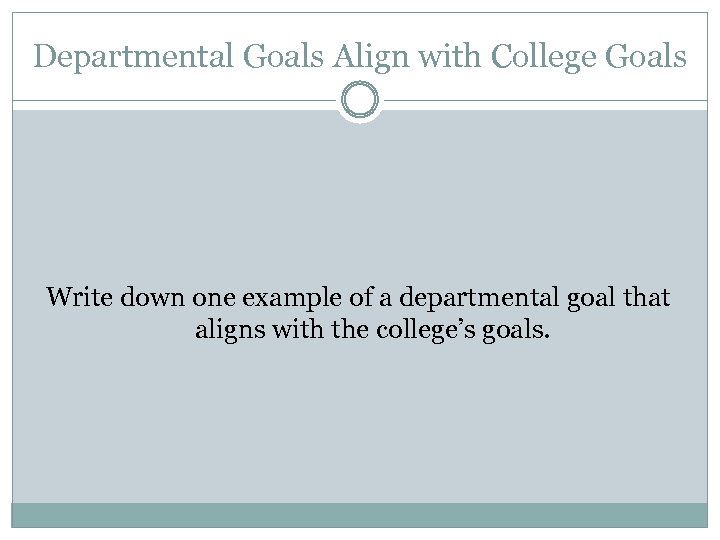 Departmental Goals Align with College Goals Write down one example of a departmental goal