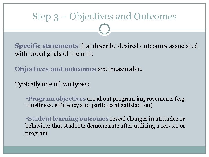 Step 3 – Objectives and Outcomes Specific statements that describe desired outcomes associated with