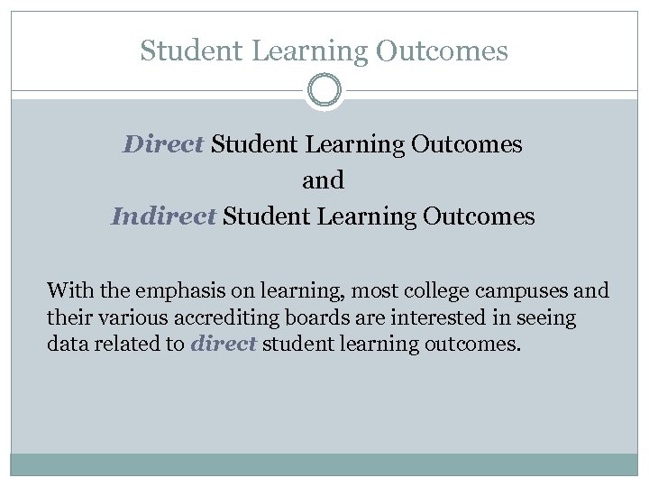 Student Learning Outcomes Direct Student Learning Outcomes and Indirect Student Learning Outcomes With the