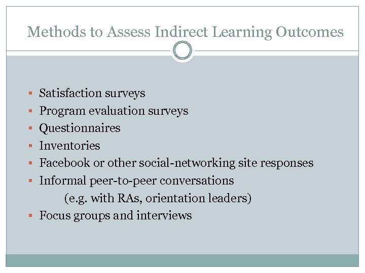 Methods to Assess Indirect Learning Outcomes § Satisfaction surveys § Program evaluation surveys §