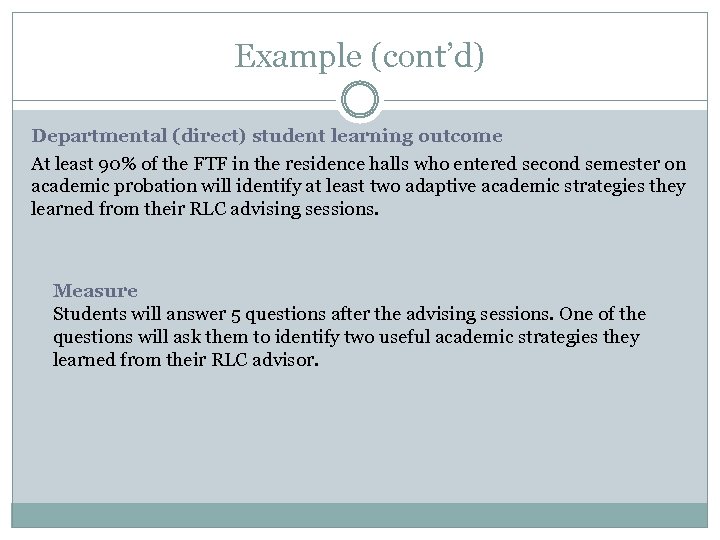 Example (cont’d) Departmental (direct) student learning outcome At least 90% of the FTF in