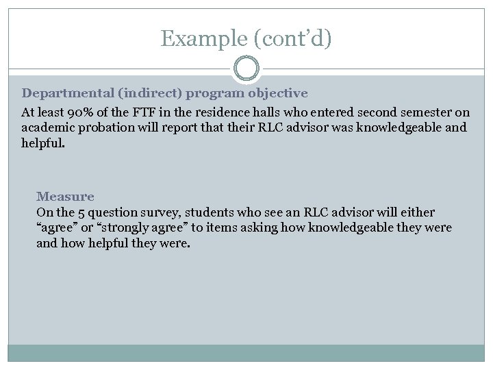 Example (cont’d) Departmental (indirect) program objective At least 90% of the FTF in the