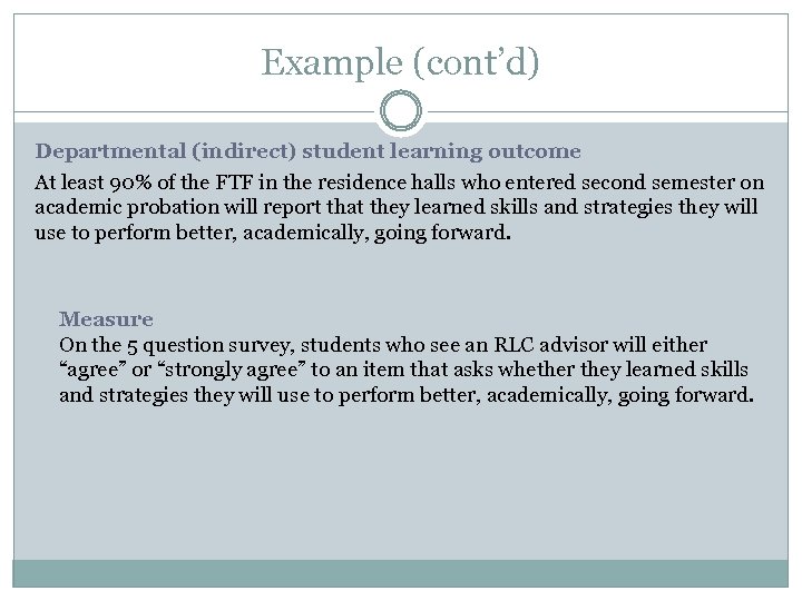 Example (cont’d) Departmental (indirect) student learning outcome At least 90% of the FTF in