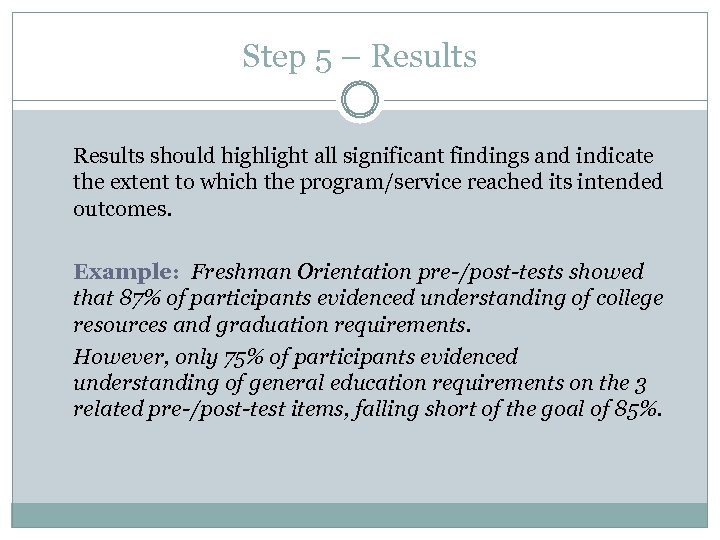 Step 5 – Results should highlight all significant findings and indicate the extent to