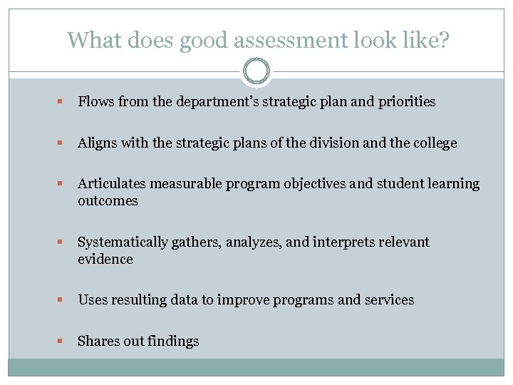 What does good assessment look like? § Flows from the department’s strategic plan and