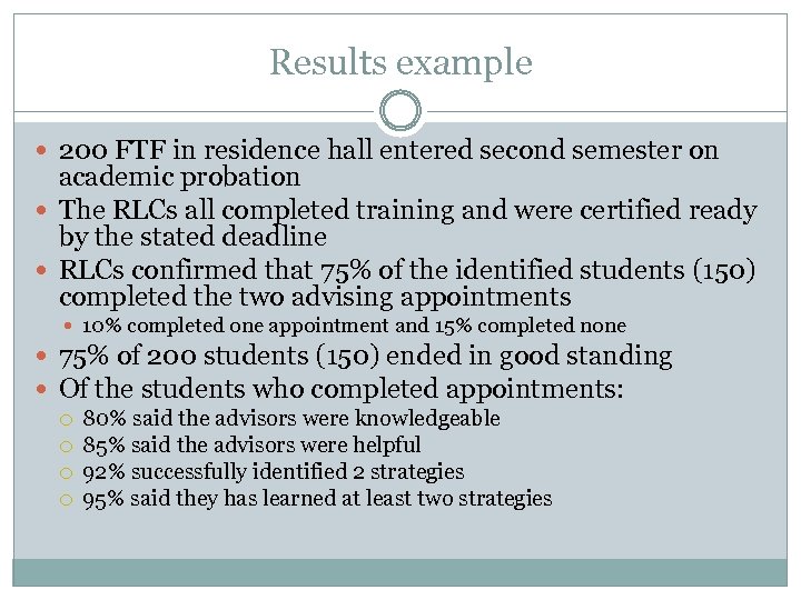 Results example 200 FTF in residence hall entered second semester on academic probation The