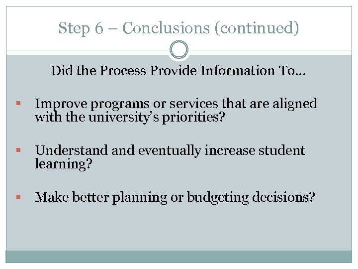 Step 6 – Conclusions (continued) Did the Process Provide Information To… § Improve programs