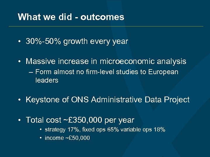 What we did - outcomes • 30%-50% growth every year • Massive increase in