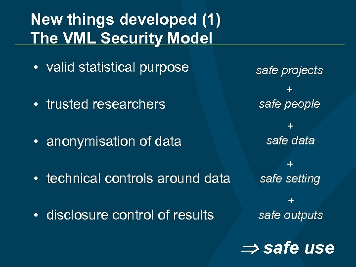 New things developed (1) The VML Security Model • valid statistical purpose safe projects