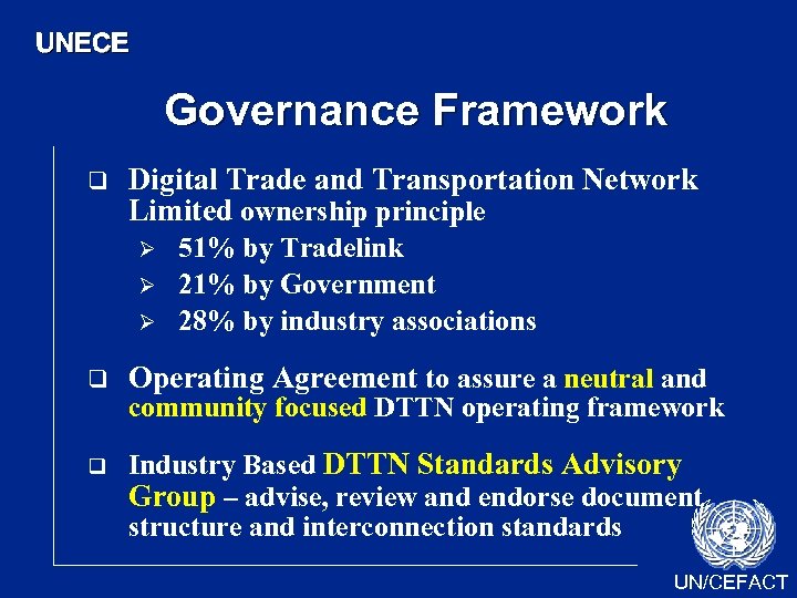 UNECE Governance Framework q Digital Trade and Transportation Network Limited ownership principle Ø Ø