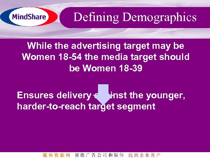 Defining Demographics While the advertising target may be Women 18 -54 the media target