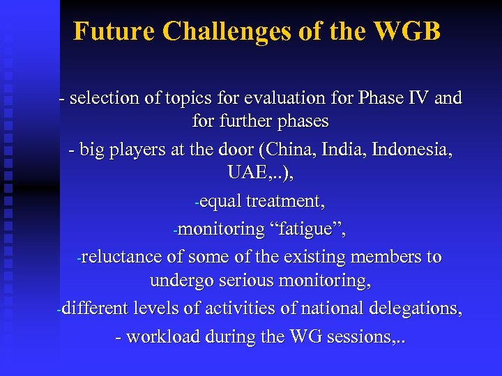 Future Challenges of the WGB - selection of topics for evaluation for Phase IV