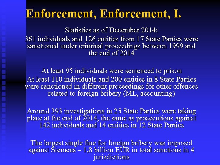 Enforcement, I. Statistics as of December 2014: 361 individuals and 126 entities from 17