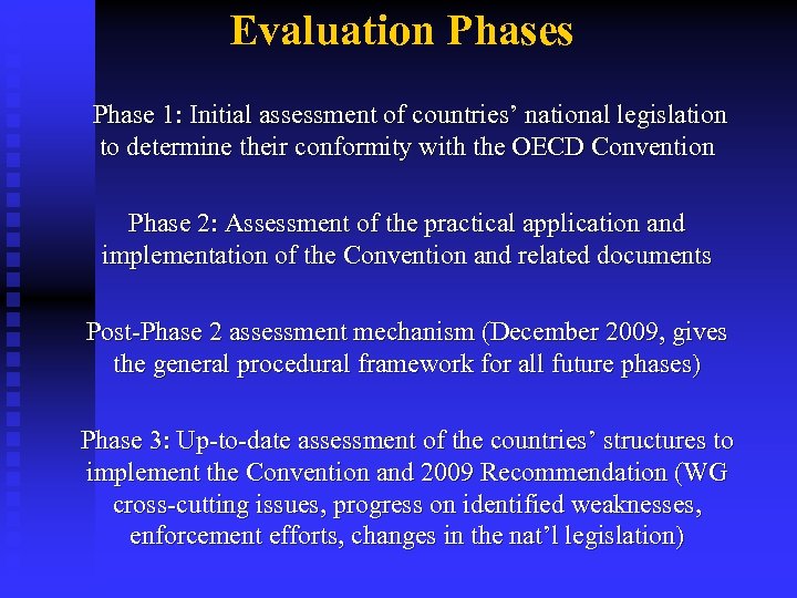 Evaluation Phases Phase 1: Initial assessment of countries’ national legislation to determine their conformity