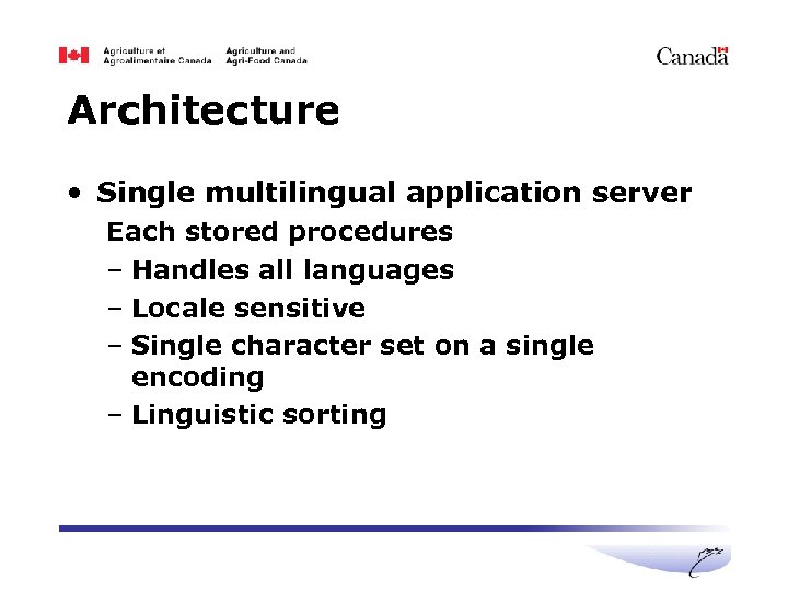 Architecture • Single multilingual application server Each stored procedures – Handles all languages –