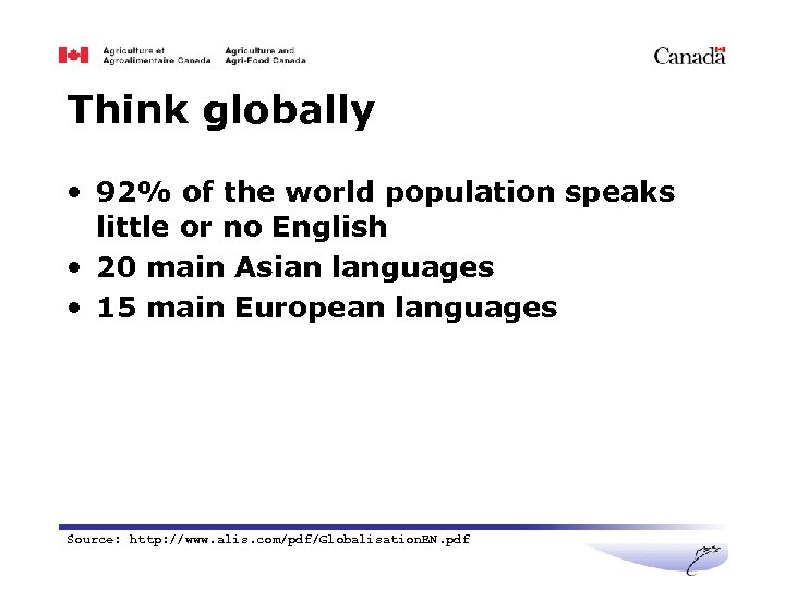 Think globally • 92% of the world population speaks little or no English •