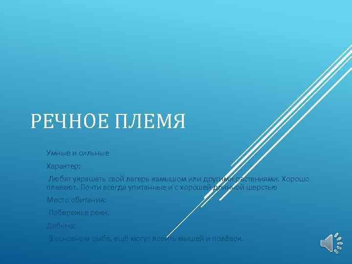 РЕЧНОЕ ПЛЕМЯ Умные и сильные Характер: Любят украшать свой лагерь камышом или другими растениями.