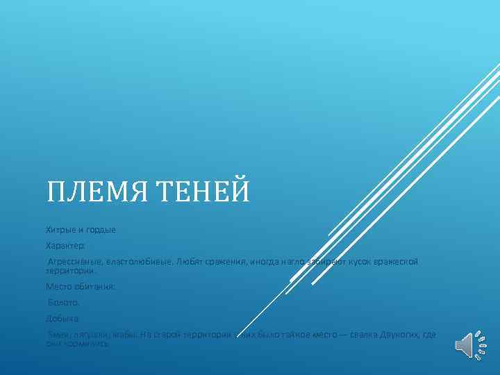 ПЛЕМЯ ТЕНЕЙ Хитрые и гордые Характер: Агрессивные, властолюбивые. Любят сражения, иногда нагло забирают кусок