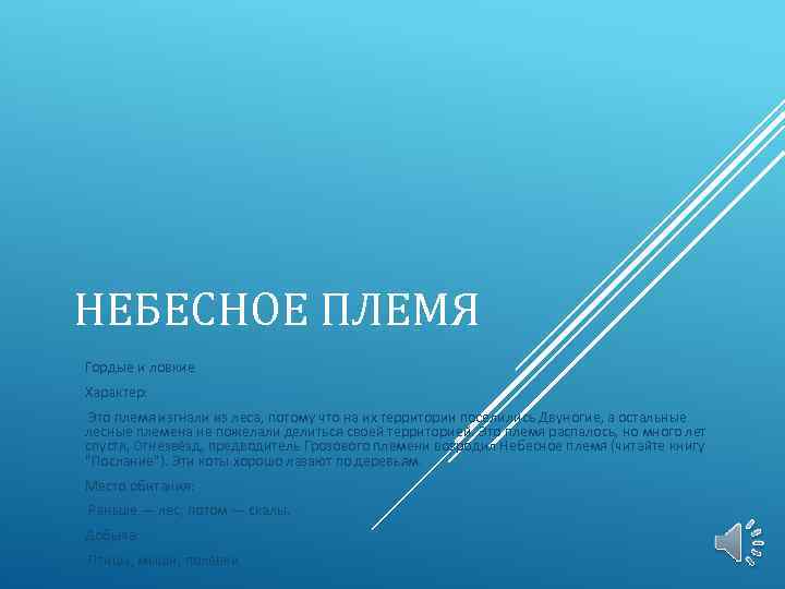 НЕБЕСНОЕ ПЛЕМЯ Гордые и ловкие Характер: Это племя изгнали из леса, потому что на