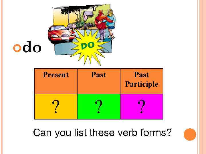  do Present Past Participle ? ? ? Can you list these verb forms?