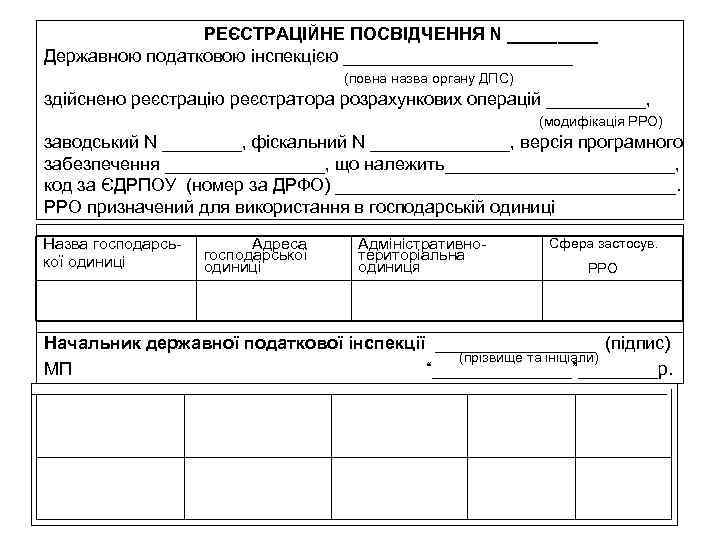  РЕЄСТРАЦІЙНЕ ПОСВІДЧЕННЯ N _____ Державною податковою інспекцією ____________ (повна назва органу ДПС) здійснено