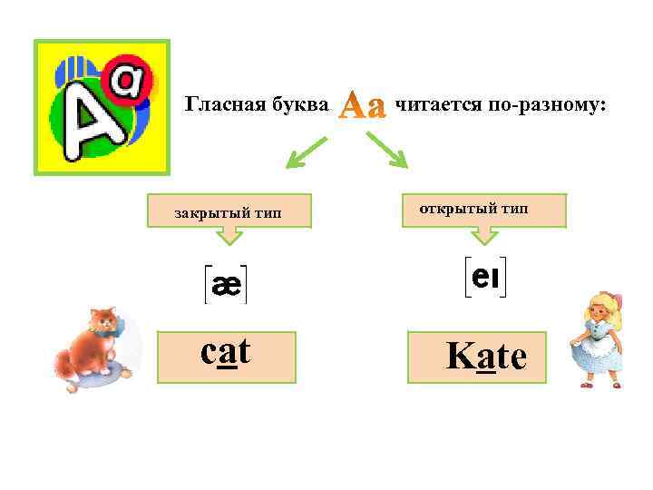 Гласная буква закрытый тип cat читается по-разному: открытый тип Kate 