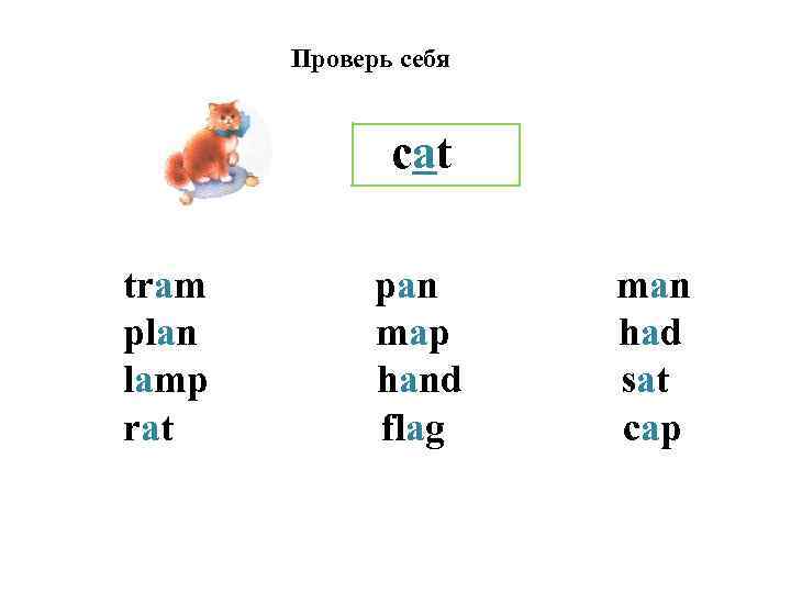 Проверь себя cat tram plan lamp rat pan map hand flag man had sat