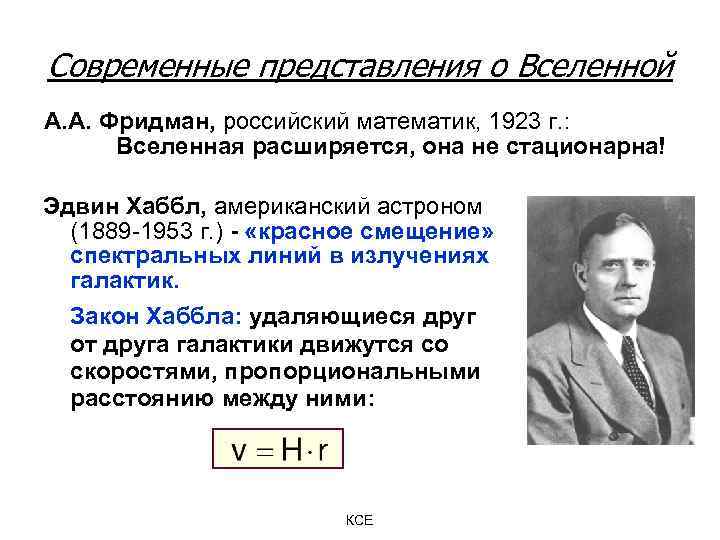 Современные представления о Вселенной А. А. Фридман, российский математик, 1923 г. : Вселенная расширяется,