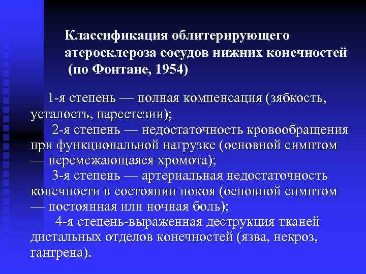 Классификация облитерирующего атеросклероза сосудов нижних конечностей (по Фонтане, 1954) 1 -я степень — полная