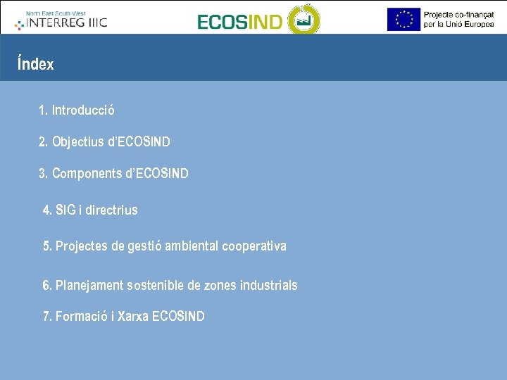 Índex 1. Introducció 2. Objectius d’ECOSIND 3. Components d’ECOSIND 4. SIG i directrius 5.