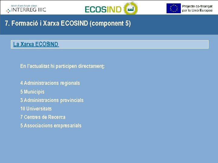 7. Formació i Xarxa ECOSIND (component 5) La Xarxa ECOSIND En l’actualitat hi participen