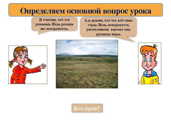 Определяем основной вопрос урока Я считаю, что это равнина. Ведь ровная же поверхность. А