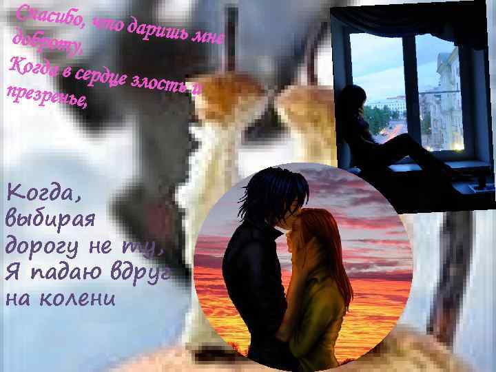 Спасибо, ч то даришь мне доброту, Когда в сер дце злость и презренье, Когда,