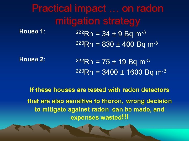 Practical impact … on radon mitigation strategy House 1: 222 Rn House 2: 222