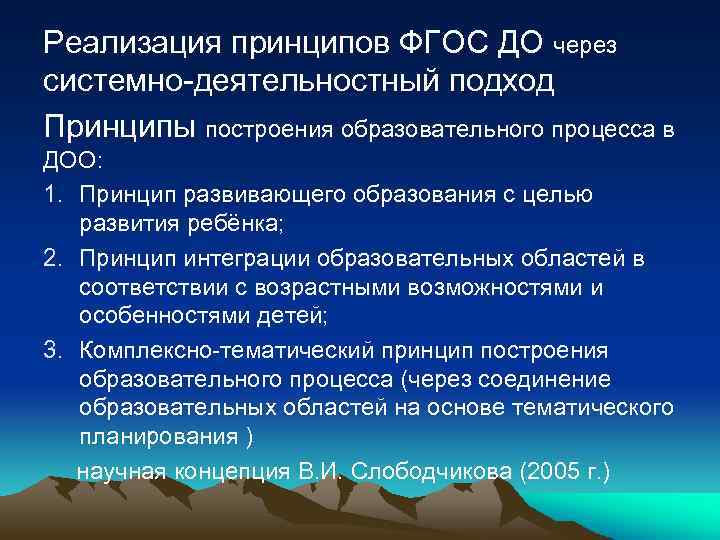 Реализация принципов ФГОС ДО через системно-деятельностный подход Принципы построения образовательного процесса в ДОО: 1.