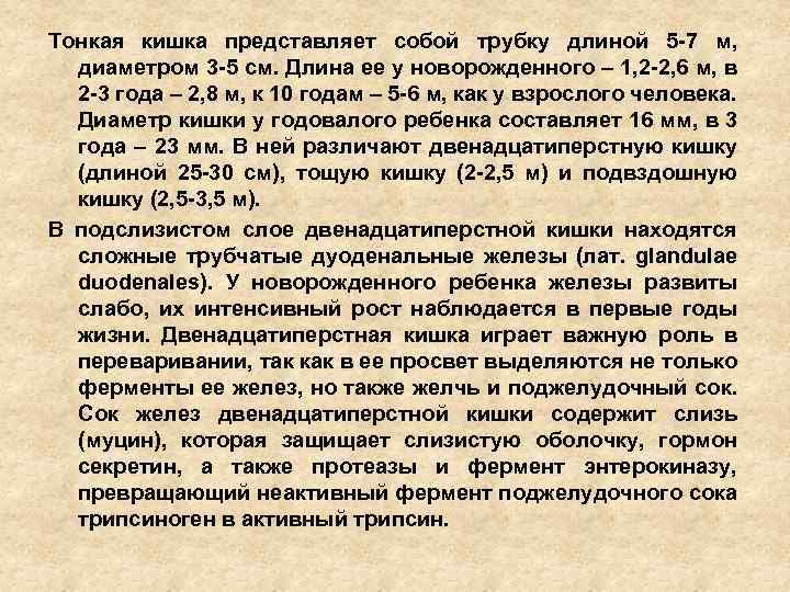 Тонкая кишка представляет собой трубку длиной 5 -7 м, диаметром 3 -5 см. Длина