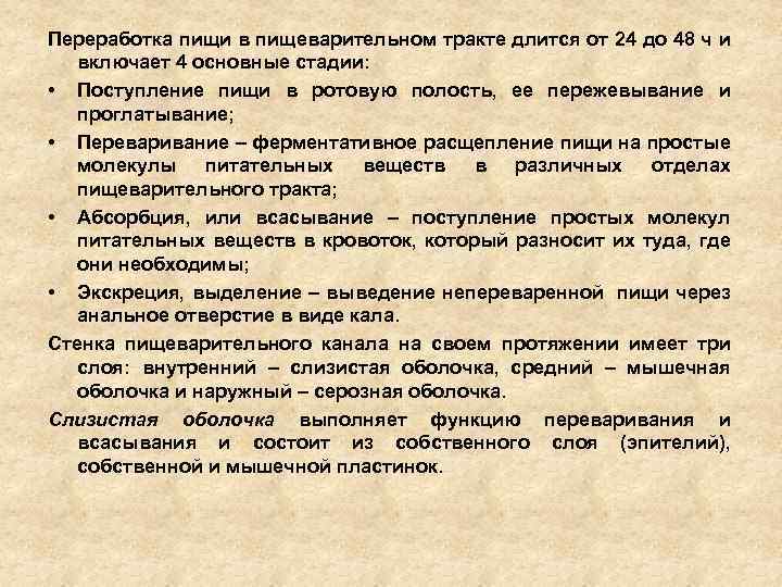 Переработка пищи в пищеварительном тракте длится от 24 до 48 ч и включает 4
