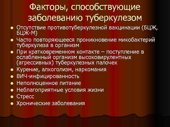 Факторы, способствующие заболеванию туберкулезом l l l l l Отсутствие противотуберкулезной вакцинации (БЦЖ, БЦЖ-М)