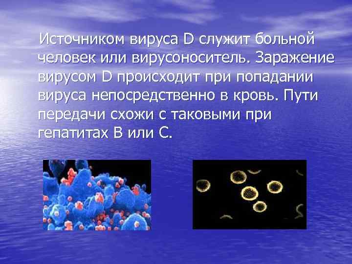 Источником вируса D служит больной человек или вирусоноситель. Заражение вирусом D происходит при попадании