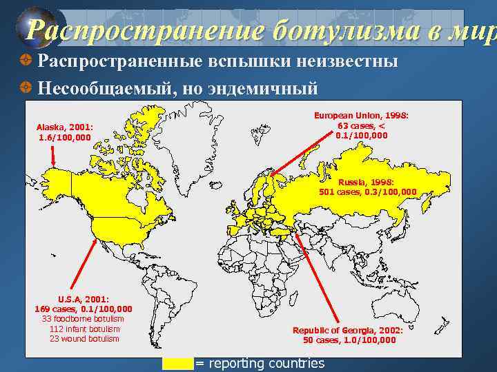 Распространение ботулизма в мир Распространенные вспышки неизвестны Несообщаемый, но эндемичный Alaska, 2001: 1. 6/100,